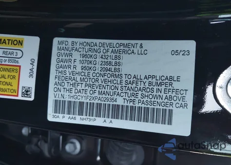 2023 Honda Accord Lx из США, поврежденный, VIN 1HGCY1F2XPA029354